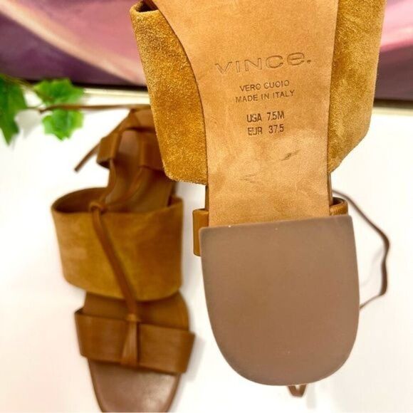Vince Dunaway Ankle Tie Block Heel Hazelnut Brown Leather Sandal Size 7.5 - Picture 13 of 14